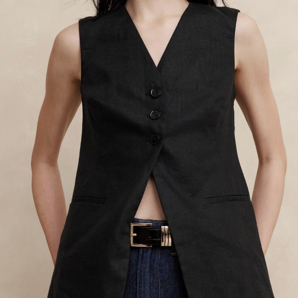 NWT Banana Republic Lina Linen Tailored Long Vest Black 8